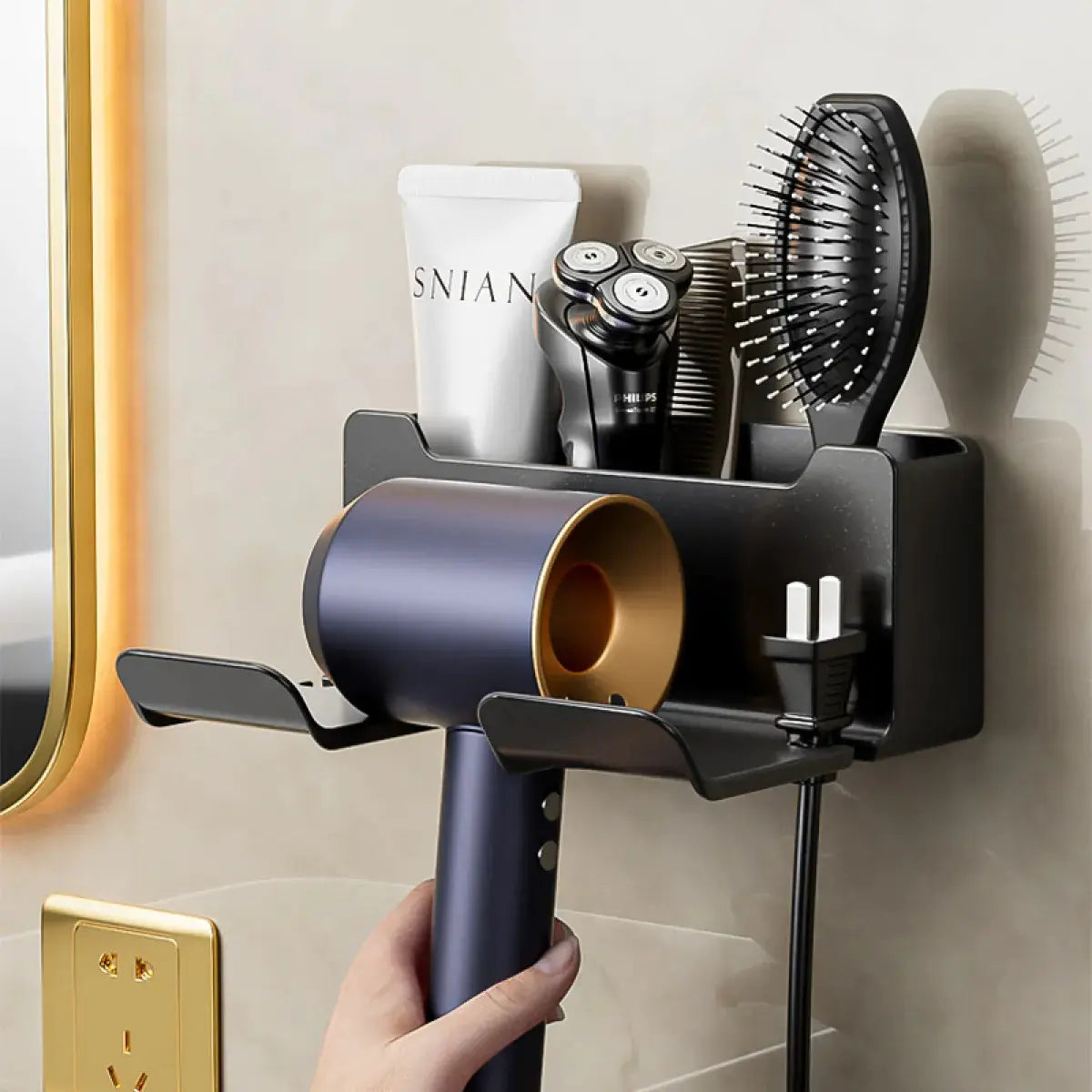 Elegant Wall-Mounted Hair Dryer Holder – Minimalist Bathroom Storage Rack